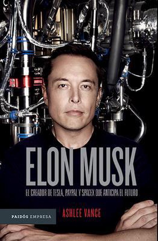 Boek "Elon Musk", met een portret van Elon Musk voor industriële machines. "ELON MUSK EL CREADOR DE TESLA, PAYPAL Y SPACEX QUE ANTICIPA EL FUTURO"