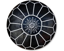 Poef zwart - Poef rond van leer - Handgemaakt en stijlvol - Gevuld geleverd - Poufs&Pillows