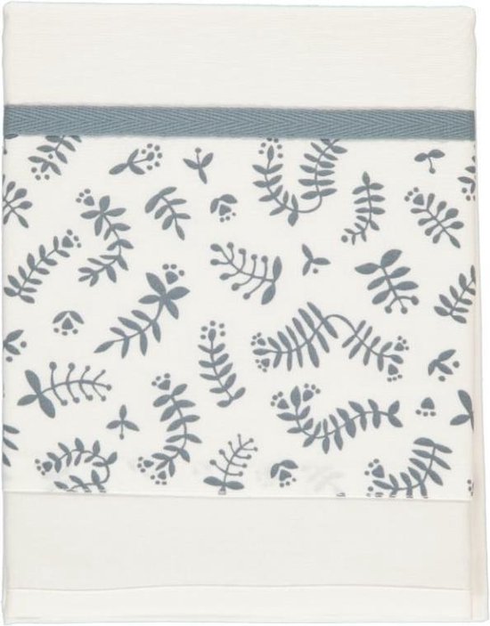 Wit ledikantlaken met een centrale strook met blauwgrijze plantendecoratie en een blauwgrijze bies.