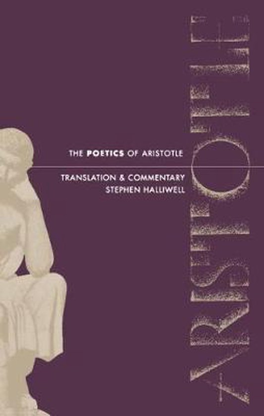 Les Poétiques d'Aristote, traduction et commentaire par Stephen Halliwell, sur fond violet avec une sculpture.