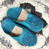 Marokkaanse slofjes, handgemaakte turquoise huisslippers, zacht leer, comfortabel, maat 40