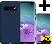 Samsung S10 Hoesje Met 2x Screenprotector - Samsung Galaxy S10 Case Cover - Siliconen Samsung S10 Hoes Met 2x Screenprotector - Donker Blauw