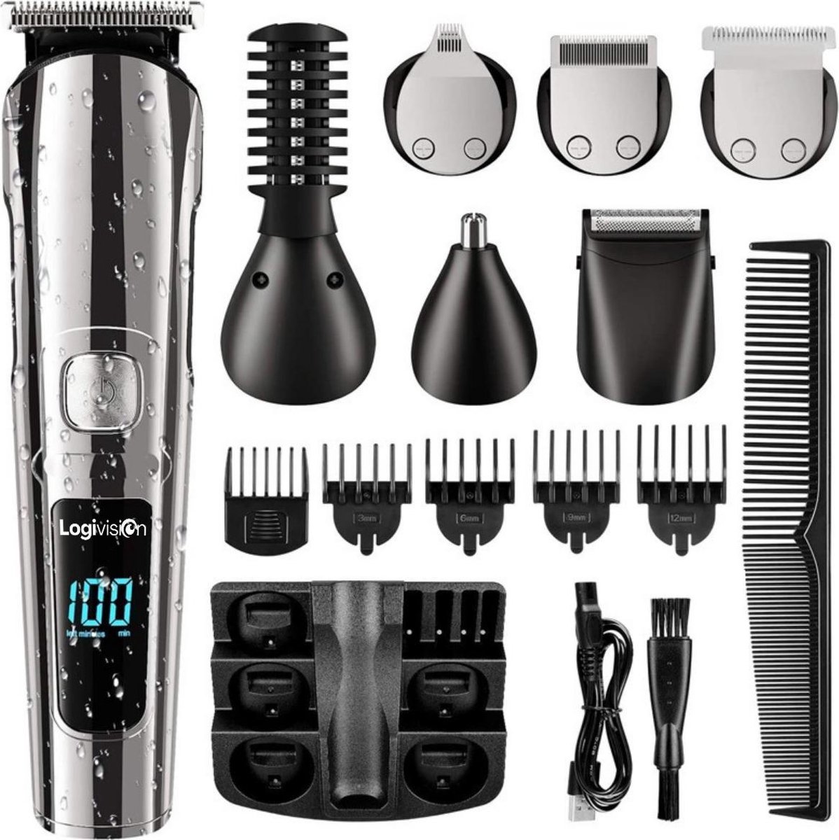 Logivision 11-Delige Draadloze Tondeuse voor Mannen - Haartrimmer Hoofdhaar - Hair Clipper - Waterdicht - Aanpasbare Snelheid - Zwart/Zilver
