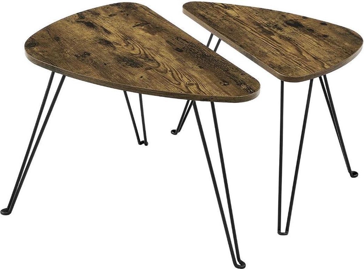 MIRA Home - Salontafel industrieel - Set van 2 - Vintage - Metaal/Hout - Bruin/Zwart - 52x31.5x42.5