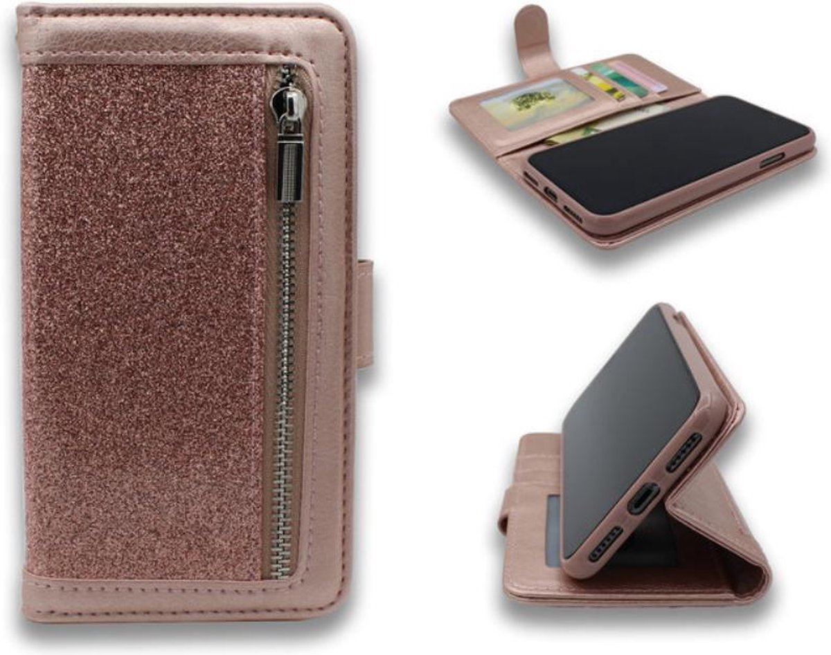 TF Cases | Apple iPhone 11 pro | Bookcase | boekhoesje | Met Rits | Glitter | Rose Goud | high quality | elegant design |