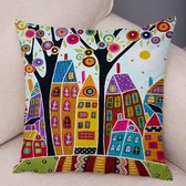 Kussenhoes - Huisjes bonte kleuren - 45 x45 cm - Soft Touch