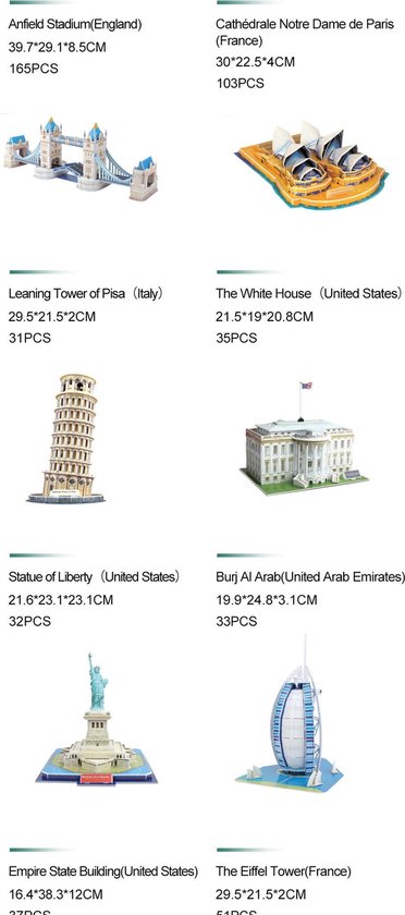 4 3D puzzels van Internationale monumenten (Eiffeltoren, van Pisa,... |