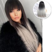SassyGoods® Zwarte Pruik - Pruiken Dames - Wig - Verstelbaar - Lang Steil Haar - Ombre Grijs & Zwart - 70 cm