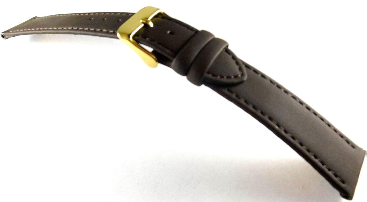 Horlogeband-18mm-echt leer-zacht-mat-plat-donkerbruin-goudkleurige gesp-18 mm