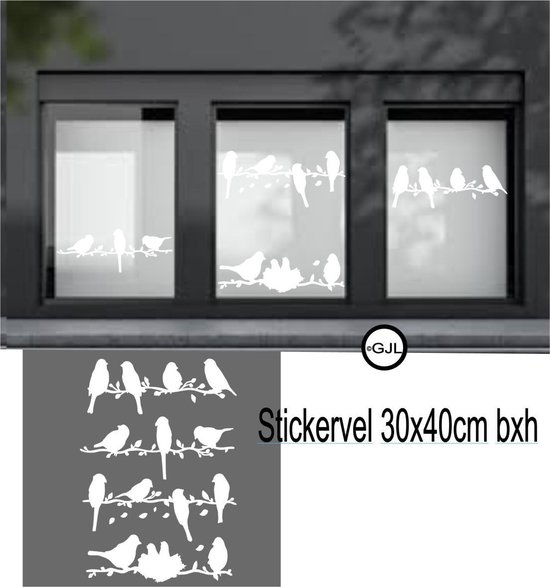 Raam / muur sticker vogels op meerdere takken Decoratie - Decoratief - Vrolijk  30 cm x 40 cm bxh kleur wit