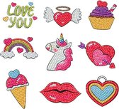 Diamond Painting Stickers Lippen etc. - 9 Stickers - Hobbypakket - Ronde steentjes