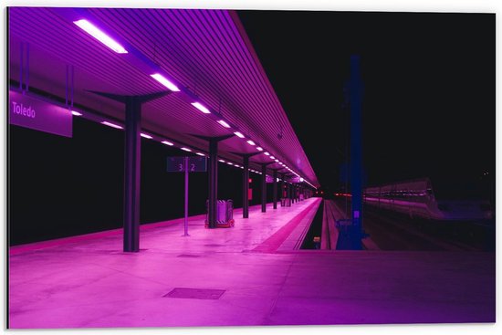 Dibond - Treinstation met Paars Licht - 60x40cm Foto op Aluminium (Met Ophangsysteem)