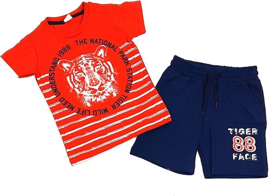 Jongens kleding set rood T-shirt, blauwe korte broek katoen tijger maat 110