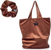 Ellastiek dames tas + matchende scrunchie - dames shopper met zijvakje + rits - XL formaat + haarelastiek in oranje - handmade in Amsterdam (XL bag Evie + Evie scrunchie)