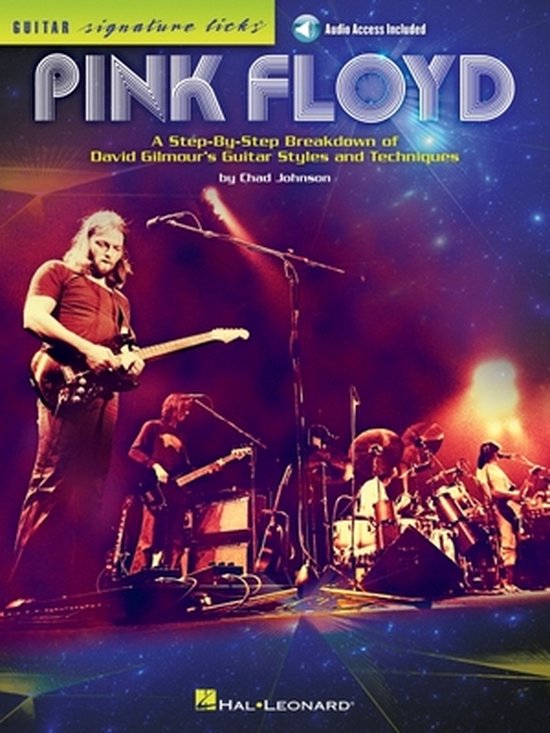 Livre de guitare 'Pink Floyd' avec David Gilmour à la guitare, accès audio inclus.