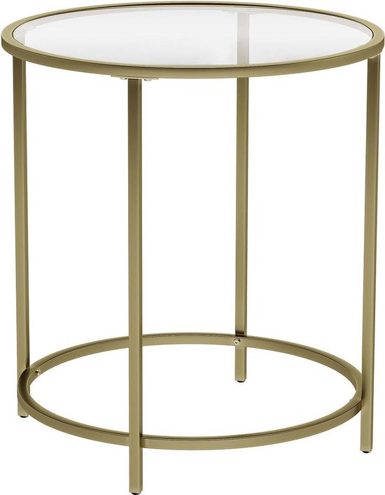 bijzettafel rond, glazen tafel met gouden metalen frame, kleine salontafel, nachtkastje, sofatafel, balkon, robuust gehard glas, stabiel, decoratief, goud LGT20G