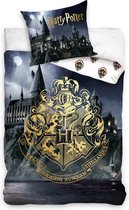 Harry Potter Zweinstein Golden Logo- Dekbedovertrek - Eenpersoons - 140x200 cm -katoen- Reversible- kussen 65x65cm