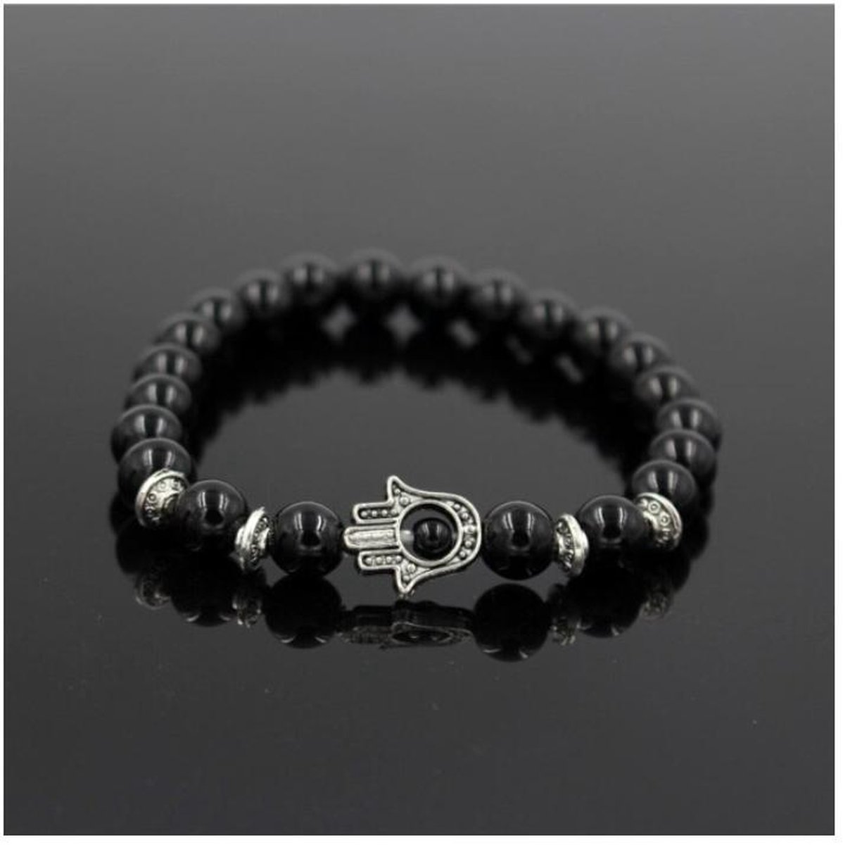 Cabantis Hamsa Hand Armband|Boze Oog|Armband Dames|Armband Heren|Armband Unisex|Bescherming|Zwart met Zilverkleur