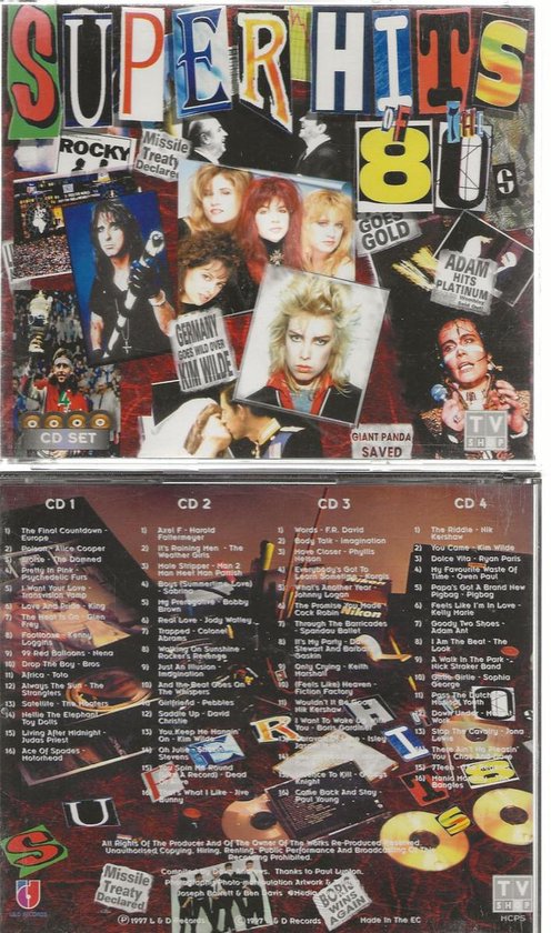 Super Hits 80s CD set met een collage van artiesten, waaronder Kim Wilde, en het 'TV Shop' logo.