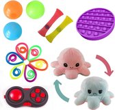 Fidget toys pakket set - Pop All Up ® - 12 Delig - Octopus knuffel - Pop it paars - Mesh and marble - Globbles - Fidget pad - Monkey noodles - Inclusief unieke speluitleg