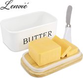 Lenvié Botervloot Porselein inclusief Botermes – Boterschaal met Eikenhouten Deksel – 500 Ml – Parelwit Tafelgerei - Luxe vershouddoos