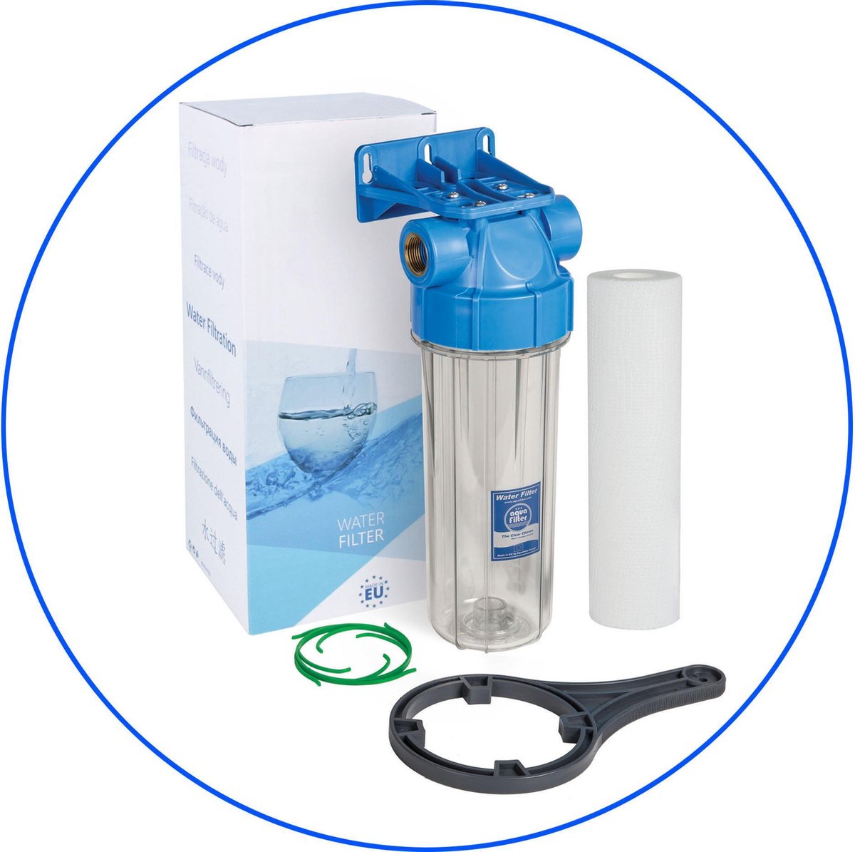 Aquafilter Filterhuis transparant 10 " met 3/4" aansluitingen met sedimentfilter 5 micron. (C9)