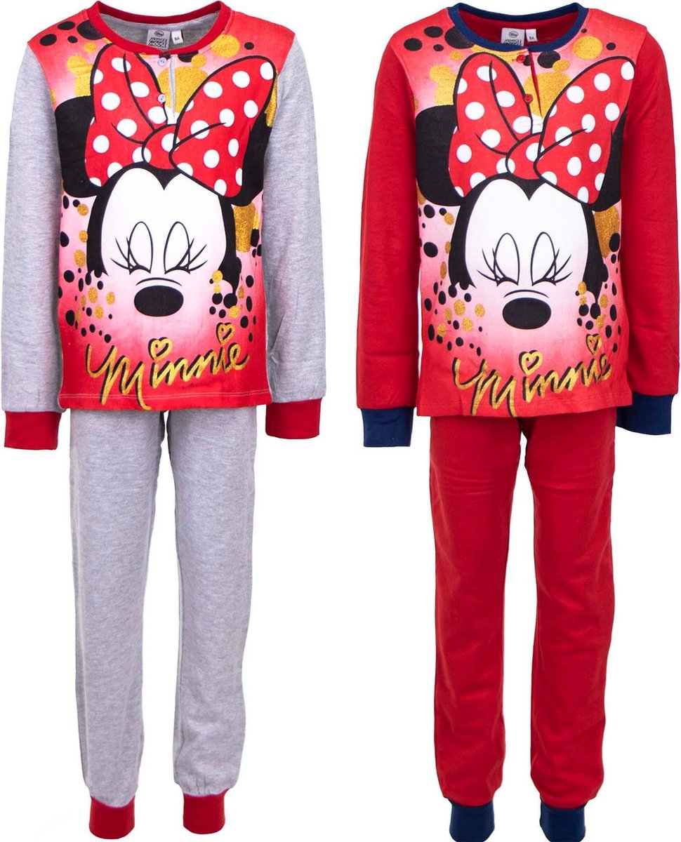 Disney Minnie Mouse pyjama set van 2 - katoen - glitterprint - rood+grijs - maat 122/128 (8 jaar)