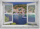 tuinposter - 90x65 cm - doorkijk wit venster - Kefalonië griekse baai - tuindecoratie - tuindoek - tuin decoratie - tuinposters buiten - tuinschilderij