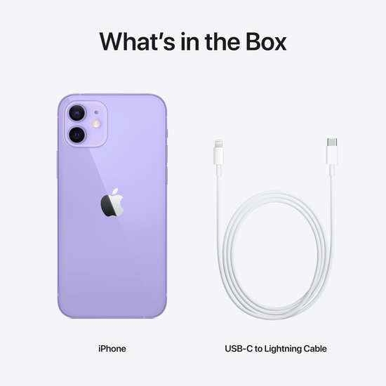 Paarse iPhone 12 en USB-C naar Lightning-kabel in de doos.