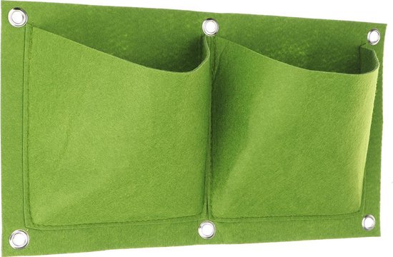 Groene verticale tuin van vilt met twee vakken, 22 x 41 cm.
