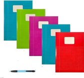 Schriften A4 Ruitjes 10mm - Met Kantlijn - Set van 5 stuks - Felle kleuren - Inclusief GRATIS Balpen - GRATIS verzonden