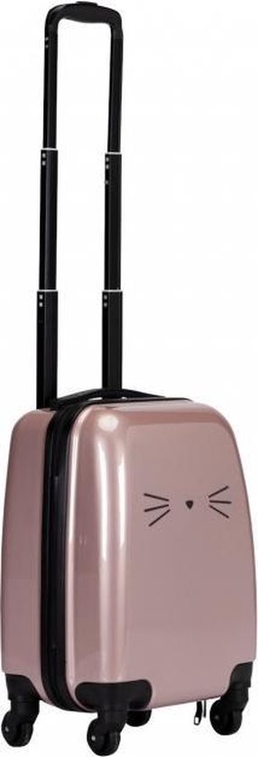 Roze koffer met uittrekbare handgreep, zwarte wielen en kattengezicht-print.