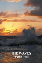 La couverture du livre 'The Waves' de Virginia Woolf, montrant une vague s'écrasant sur des rochers au coucher du soleil.