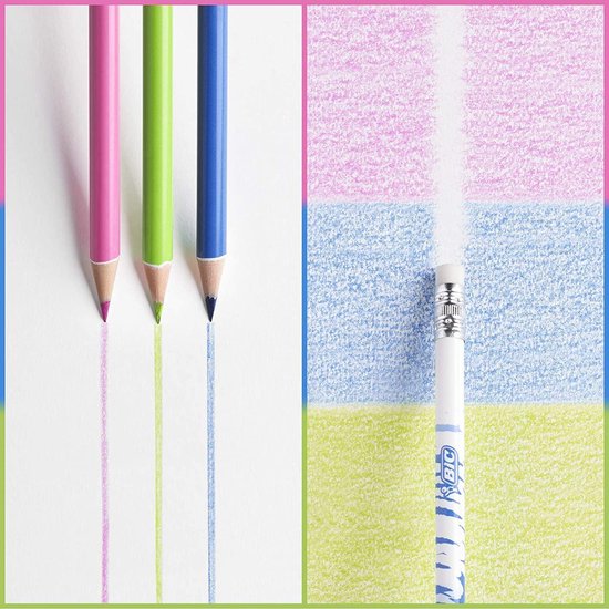 Drie BIC Kids Illusion potloden in roze, groen en blauw trekken strepen. Rechts een potlood die strepen gumt.