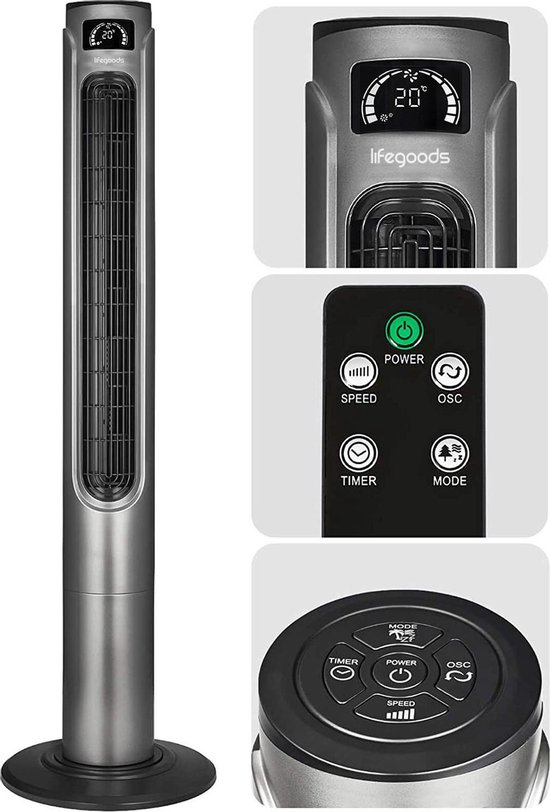 LifeGoods Luxe Torenventilator - 55W - 118 cm - Staande Oscillerende Kolomventilator - Timer - Afstandsbediening - Stil 45dB - Donkergrijs