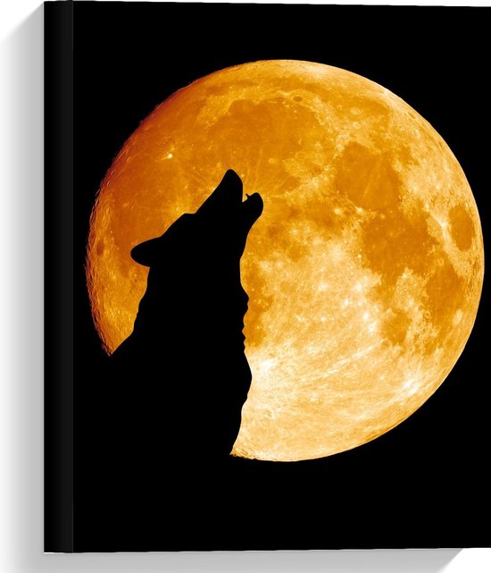 Canvas - Silhouette van Wolf bij Maan - Foto op Canvas Schilderij (Wanddecoratie op Canvas)