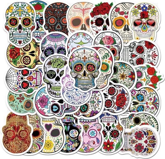 Foto: Mix met 50 verschillende day of the dead sugar skull stickers voor laptop helm motor fiets muur skateboard etc coole sticker mix met doodshoofden schedels