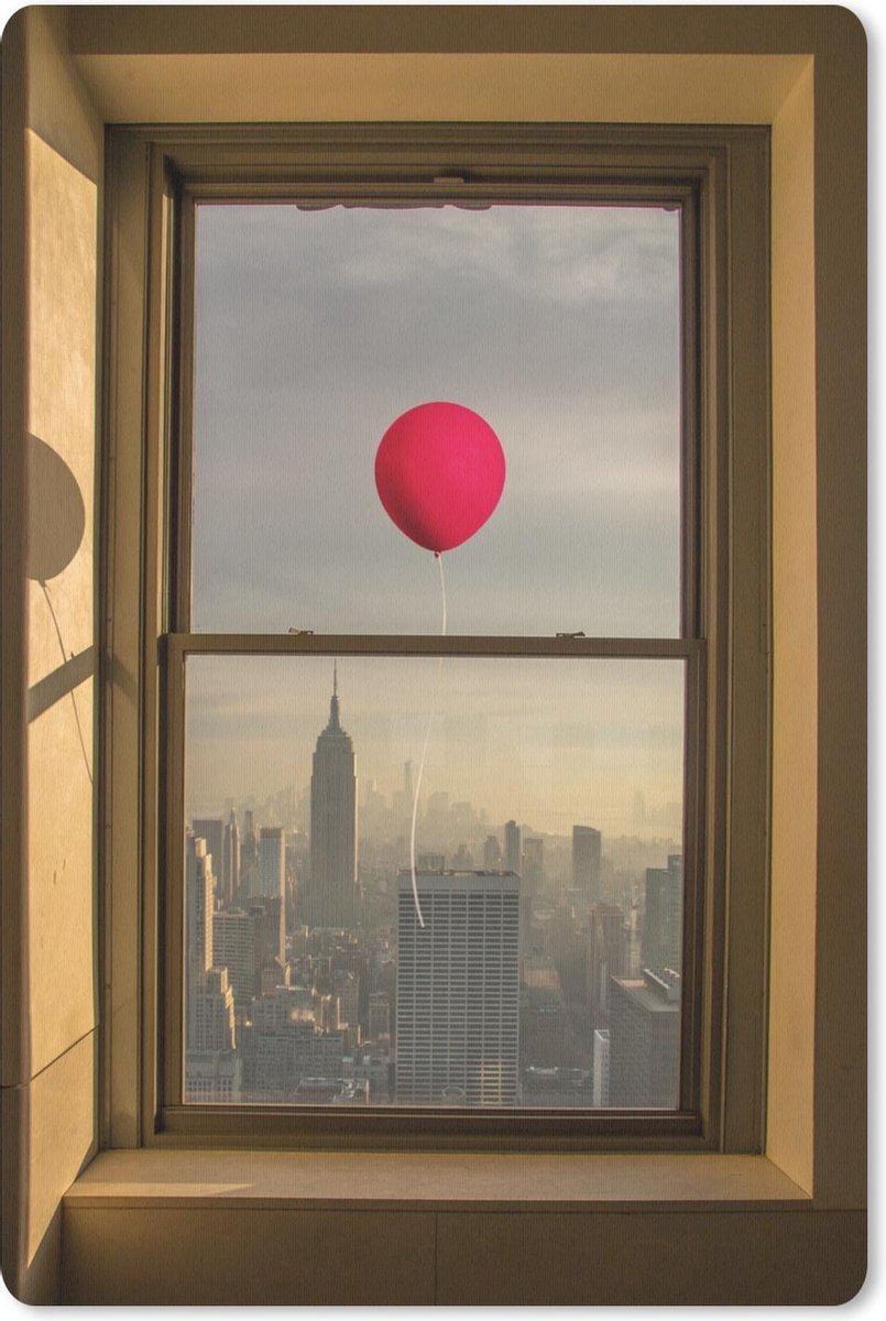 Muismat New York Luxurydeco - Rode ballon vliegt langs raam in New York muismat rubber - 18x27 cm - Muismat met foto