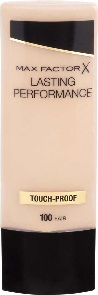 Max Factor Lasting Performance foundation in 100 Fair. Lichtbeige tube met zwarte dop. "Touch-Proof" staat op een gouden band.