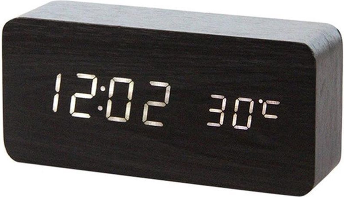Houten wekker – Alarm Clock – Rechthoek groot - Zwarte kleur – Reiswekker - Tijd datum temperatuur weergave – Sound control - Dimbaar – LED display – Gratis Adapter - Draadloos met batterijen