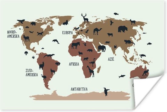 Effen wereldkaart met dieren in flexa kleuren Poster | Wereldkaart Poster 180x120 cm