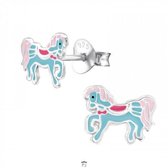 Oorbellen meisje | Zilveren kinderoorbellen | Zilveren oorstekers, blauw paard met roze manen