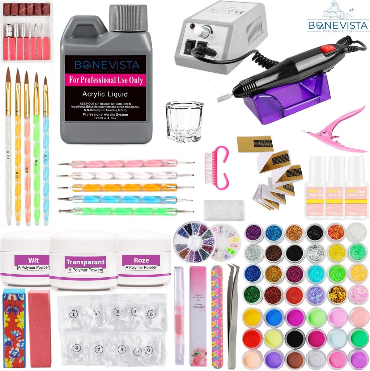 Acryl nagels Starterspakket | Acryl Nagels Starter Kit Set - Nail Art Pakket - 42 kleuren Acryl Poeders/Glitters - 500 Franse Tips - Inclusief Nagelfreesmachine