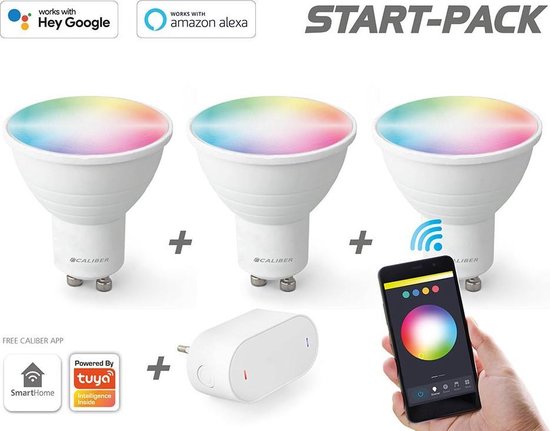 Slimme Verlichting GU10 - Smart LED - Slimme Lampen - 5 Watt - RGB+CCT - Aanpasbare Kleur - Dimbaar - Gateway en 3 spots voordeel verpakking (HBT-GU10-STARTPACK)