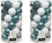 74x stuks kunststof kerstballen zilver/wit/ijsblauw (blue dawn) 6 cm - mat/glans/glitter - Onbreekbare plastic kerstballen