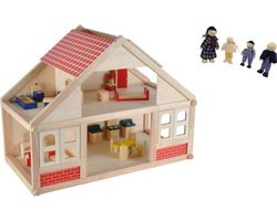 Playwood houten poppenhuis inclusief 25 meubeltjes en 4 buigpoppen