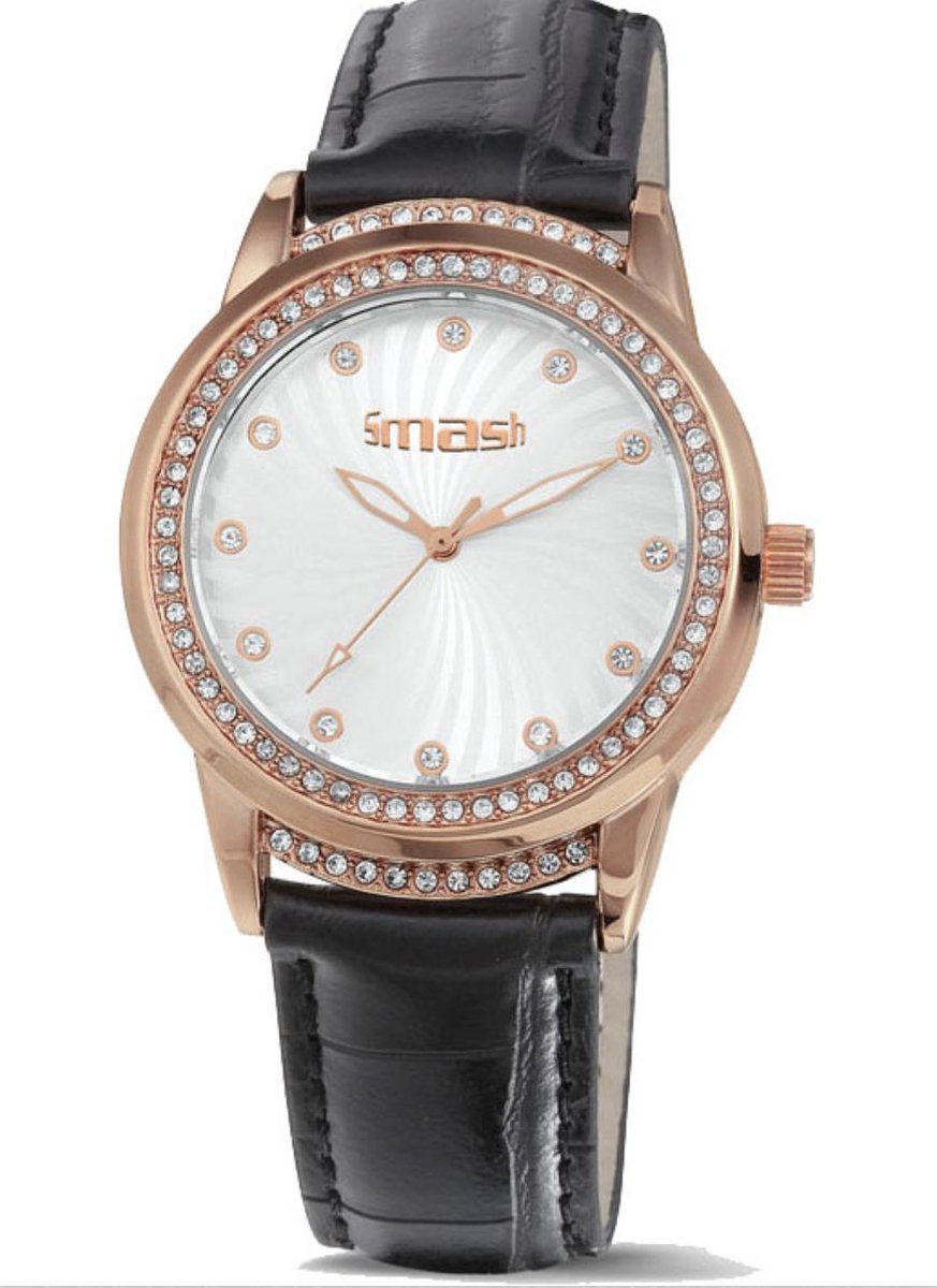 Dames horloge - Mash- Rose Goud met zwart leren band - glitter - rosé goud-zwart horloge - horloge - diamatjes -zwarte band