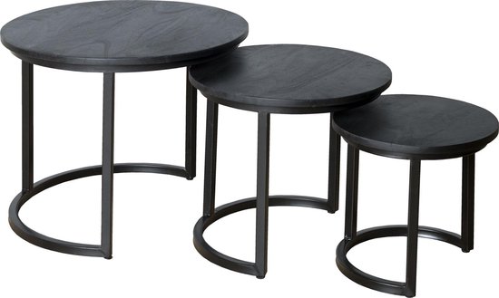 Livingfurn | Kala | salontafel set van 3 | zwart | hout met staal