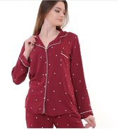 Katoen-Satijn Dames Pyjama - Luxe Pyjamaset - Nachtkleding - Bordeaux met Sterretjes Maat S