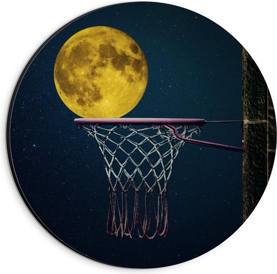 Dibond Wandcirkel - Basketbalring met de Maan op de Achtergrond - 20x20cm Foto op Aluminium Wandcirkel (met ophangsysteem)